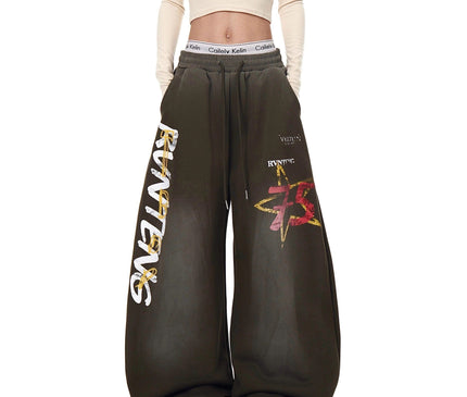 TALKLESSFASHION European and American vintage graffiti hot girl style star letter print washed gradient sweatpants women's autumn jazz dance scimitar pants