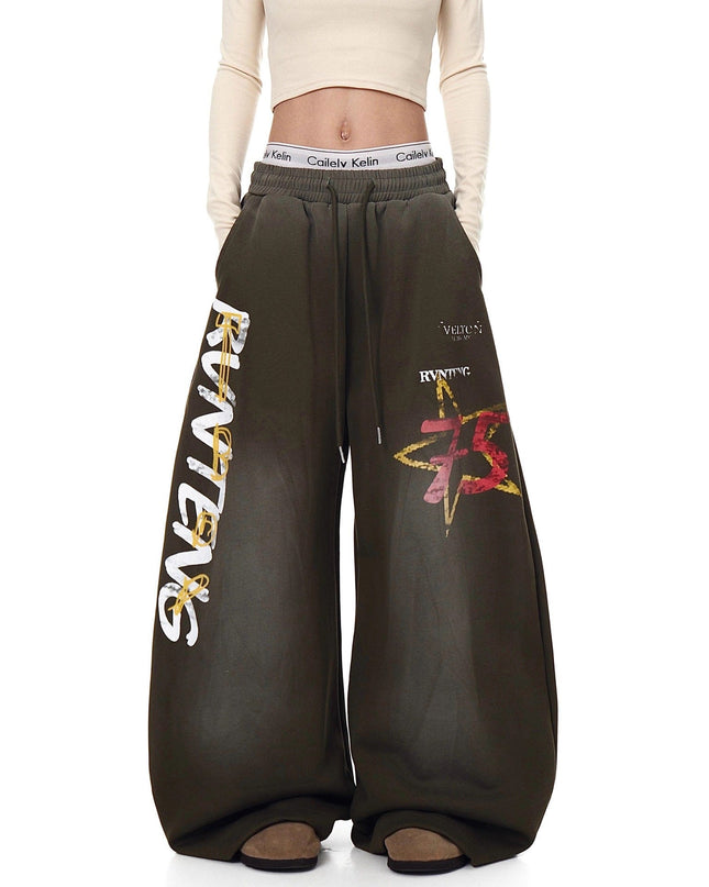 TALKLESSFASHION European and American vintage graffiti hot girl style star letter print washed gradient sweatpants women's autumn jazz dance scimitar pants