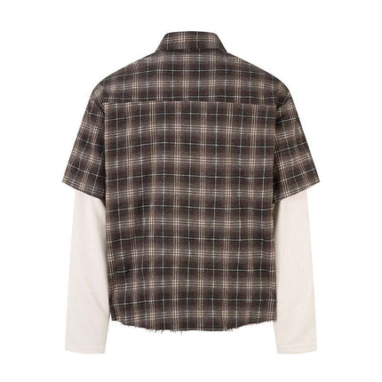 TALKLESSFASHION Fall 2025 new American trendy brand letter print plaid fake two-piece patchwork lapel long sleeve shirt men's shirt