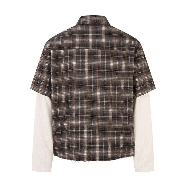 TALKLESSFASHION Fall 2025 new American trendy brand letter print plaid fake two-piece patchwork lapel long sleeve shirt men's shirt