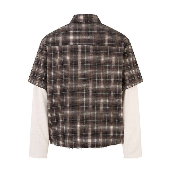THETLSTUDIO Fall 2025 new American trendy brand letter print plaid fake two-piece patchwork lapel long sleeve shirt men's shirt — 2