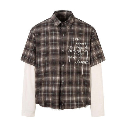 TALKLESSFASHION Fall 2025 new American trendy brand letter print plaid fake two-piece patchwork lapel long sleeve shirt men's shirt