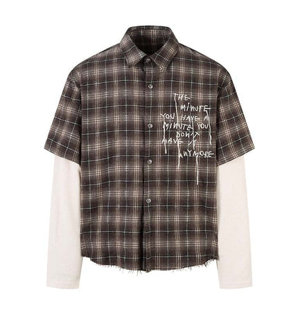 THETLSTUDIO Fall 2025 new American trendy brand letter print plaid fake two-piece patchwork lapel long sleeve shirt men's shirt