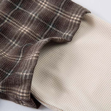 TALKLESSFASHION Fall 2025 new American trendy brand letter print plaid fake two-piece patchwork lapel long sleeve shirt men's shirt