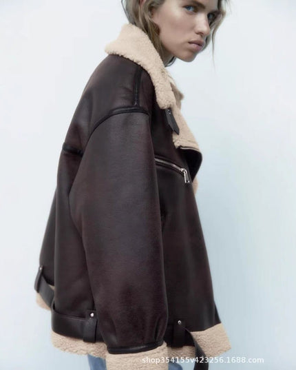 TALKLESSFASHION Foreign trade large version of European and American cross-border belt zipper composite jacket thickened windproof and waterproof fur integrated jacket