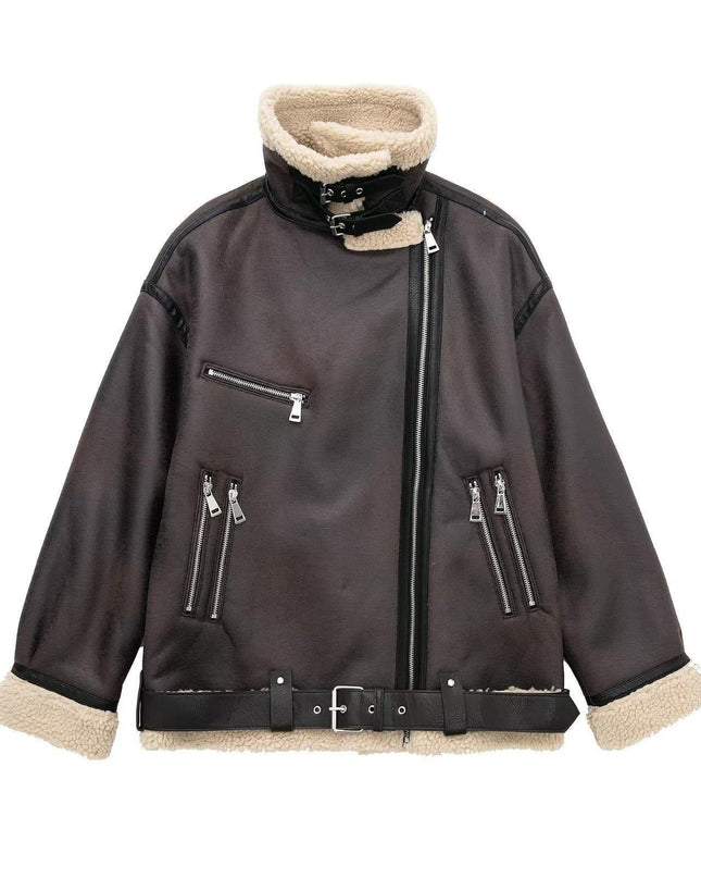 TALKLESSFASHION Foreign trade large version of European and American cross-border belt zipper composite jacket thickened windproof and waterproof fur integrated jacket