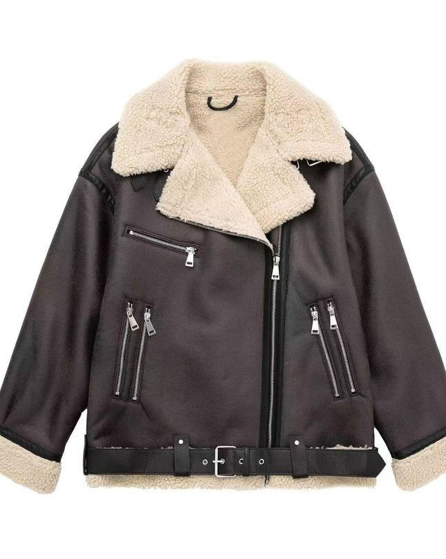 TALKLESSFASHION Foreign trade large version of European and American cross-border belt zipper composite jacket thickened windproof and waterproof fur integrated jacket