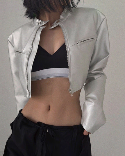 TALKLESSFASHION Functional style, silver stand-up collar, zipper, cropped leather jacket, hot girl, street personality, slim fit, crop top, versatile jacket