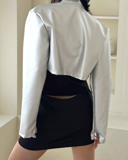 TALKLESSFASHION Functional style, silver stand-up collar, zipper, cropped leather jacket, hot girl, street personality, slim fit, crop top, versatile jacket