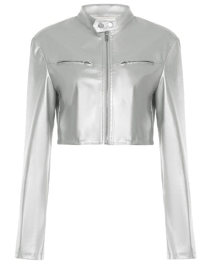 TALKLESSFASHION Functional style, silver stand-up collar, zipper, cropped leather jacket, hot girl, street personality, slim fit, crop top, versatile jacket