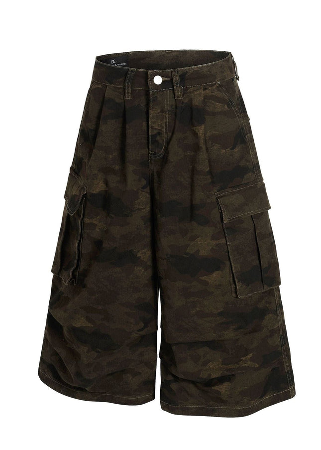 TALKLESSFASHION G6801 American Retro Street Summer High-End Pleated Camouflage Workwear Design Men's Loose Cropped Shorts
