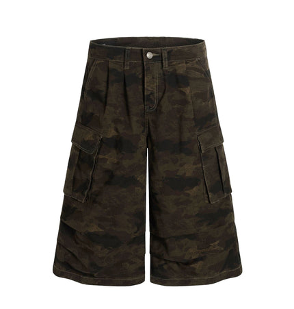 THETLSTUDIO G6801 American Retro Street Summer High-End Pleated Camouflage Workwear Design Men's Loose Cropped Shorts