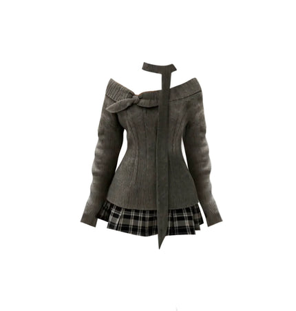 TALKLESSFASHION GAOSITONG Pure Desire One-Shoulder Long Sleeve Knitted Sweater Women's Autumn Winter 2025 Sweet and Spicy Check Pleated Skirt Set