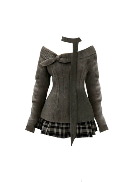 THETLSTUDIO GAOSITONG Pure Desire One-Shoulder Long Sleeve Knitted Sweater Women's Autumn Winter 2025 Sweet and Spicy Check Pleated Skirt Set