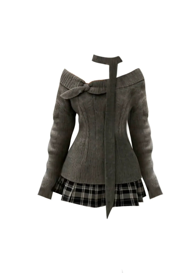 TALKLESSFASHION GAOSITONG Pure Desire One-Shoulder Long Sleeve Knitted Sweater Women's Autumn Winter 2025 Sweet and Spicy Check Pleated Skirt Set