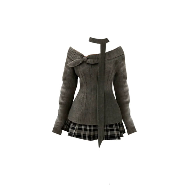 One-Shoulder Knit Sweaters Pleated Skirt Set
