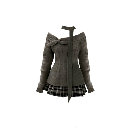 TALKLESSFASHION GAOSITONG Pure Desire One-Shoulder Long Sleeve Knitted Sweater Women's Autumn Winter 2025 Sweet and Spicy Check Pleated Skirt Set
