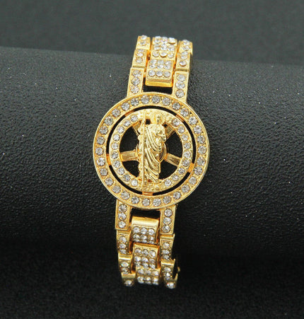TALKLESSFASHION Gold (Father St. Jude) MS Watch Bracelet Cross Rotating American Hip Hop Hip Hop Time Running Women's Full Diamond Dollar Men's Bracelet
