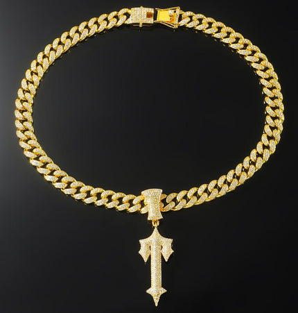 TALKLESSFASHION Gold pendant + 60 cm Cuban diamond chain MS Sword Cuban Chain American Hip Hop Diamond Full Diamond Trend Hiphop Rap Rap Premium Pendant Men's Necklace