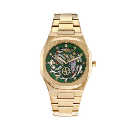 TALKLESSFASHION Golden Green Steel Band Waterproof Quartz Small Square Watch