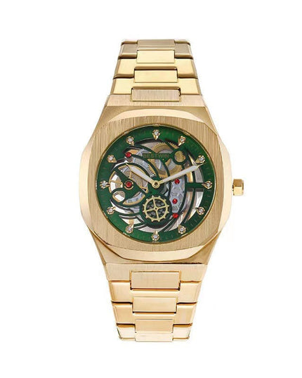 TALKLESSFASHION Golden Green Steel Band Waterproof Quartz Small Square Watch