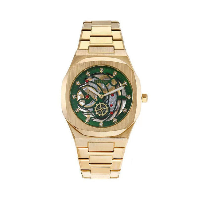 TALKLESSFASHION Golden Green Steel Band Waterproof Quartz Small Square Watch