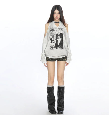 THETLSTUDIO Graffiti Distressed Off-Shoulder Sweatshirt
