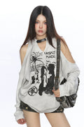 TALKLESSFASHION Graffiti Distressed Off-Shoulder Sweatshirt