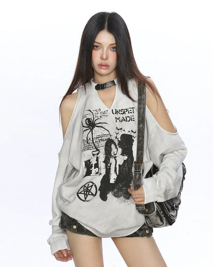 TALKLESSFASHION Graffiti Distressed Off-Shoulder Sweatshirt