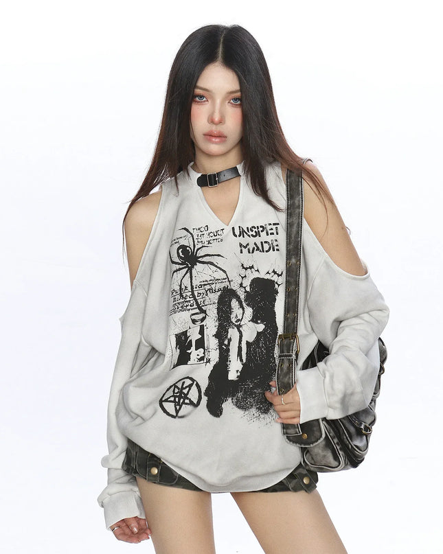 TALKLESSFASHION Graffiti Distressed Off-Shoulder Sweatshirt