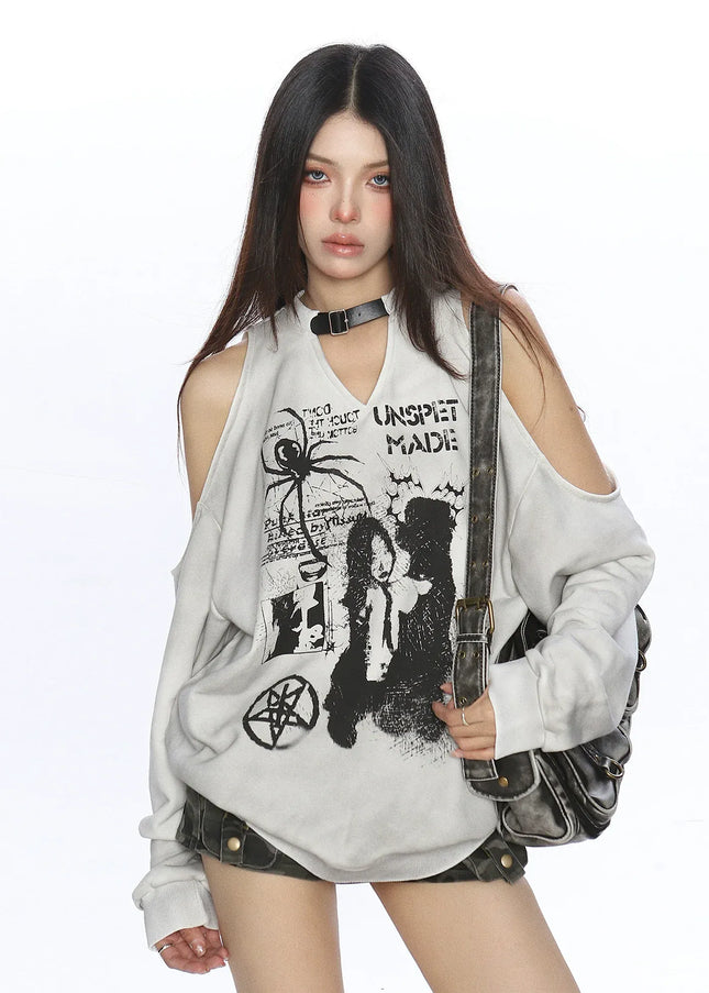 TALKLESSFASHION Graffiti Distressed Off-Shoulder Sweatshirt