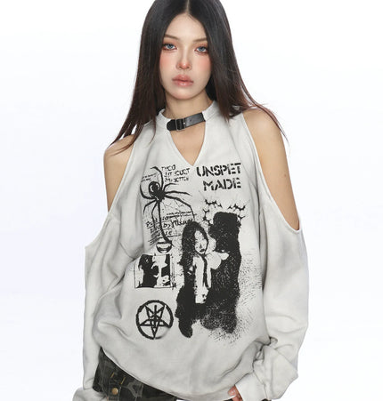 THETLSTUDIO Graffiti Distressed Off-Shoulder Sweatshirt
