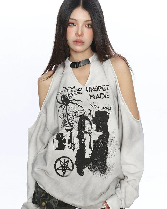 TALKLESSFASHION Graffiti Distressed Off-Shoulder Sweatshirt