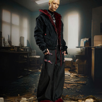 TALKLESSFASHION Heavy fourth-generation mountain carving cotton suit men's red fur collar American retro PU lint jacket plush thickened warm jacket