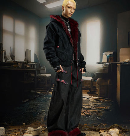 THETLSTUDIO Heavy fourth-generation mountain carving cotton suit men's red fur collar American retro PU lint jacket plush thickened warm jacket