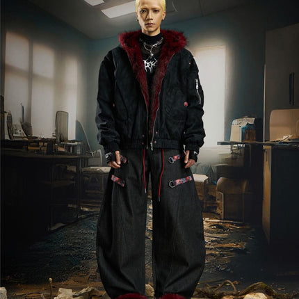 TALKLESSFASHION Heavy fourth-generation mountain carving cotton suit men's red fur collar American retro PU lint jacket plush thickened warm jacket