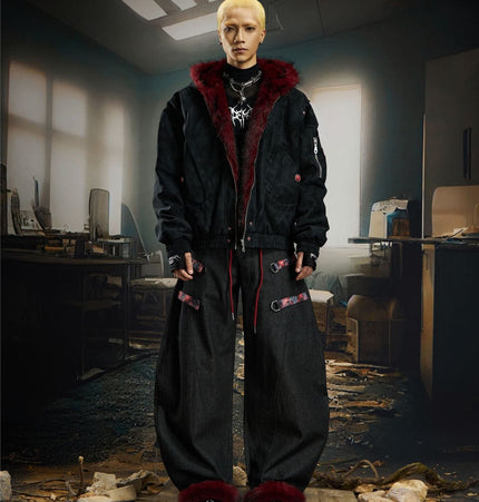 THETLSTUDIO Heavy fourth-generation mountain carving cotton suit men's red fur collar American retro PU lint jacket plush thickened warm jacket