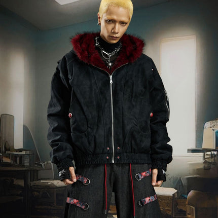 TALKLESSFASHION Heavy fourth-generation mountain carving cotton suit men's red fur collar American retro PU lint jacket plush thickened warm jacket