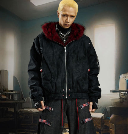 THETLSTUDIO Heavy fourth-generation mountain carving cotton suit men's red fur collar American retro PU lint jacket plush thickened warm jacket
