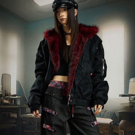 TALKLESSFASHION Heavy fourth-generation mountain carving cotton suit men's red fur collar American retro PU lint jacket plush thickened warm jacket