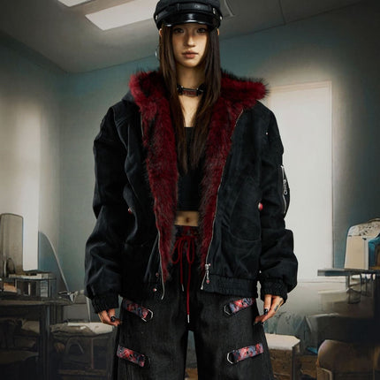 TALKLESSFASHION Heavy fourth-generation mountain carving cotton suit men's red fur collar American retro PU lint jacket plush thickened warm jacket