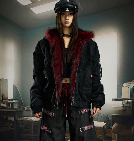 THETLSTUDIO Heavy fourth-generation mountain carving cotton suit men's red fur collar American retro PU lint jacket plush thickened warm jacket