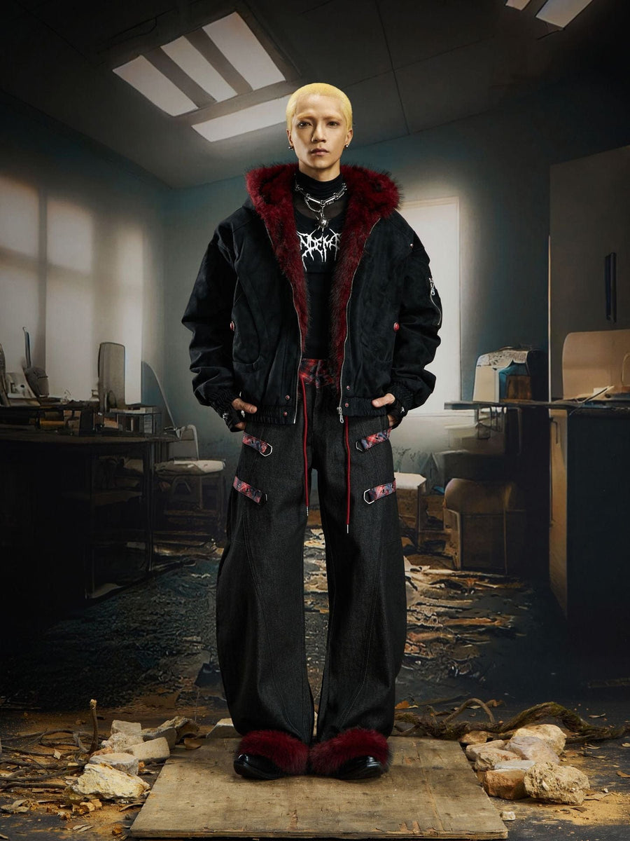 THETLSTUDIO Heavy fourth-generation mountain carving cotton suit men's red fur collar American retro PU lint jacket plush thickened warm jacket