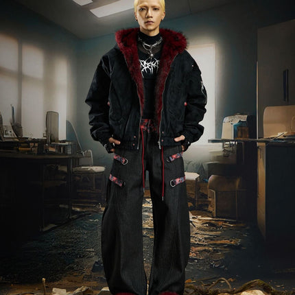 TALKLESSFASHION Heavy fourth-generation mountain carving cotton suit men's red fur collar American retro PU lint jacket plush thickened warm jacket