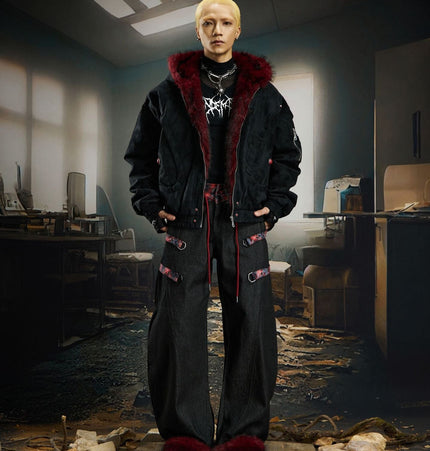 THETLSTUDIO Heavy fourth-generation mountain carving cotton suit men's red fur collar American retro PU lint jacket plush thickened warm jacket