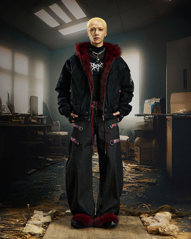 TALKLESSFASHION Heavy fourth-generation mountain carving cotton suit men's red fur collar American retro PU lint jacket plush thickened warm jacket