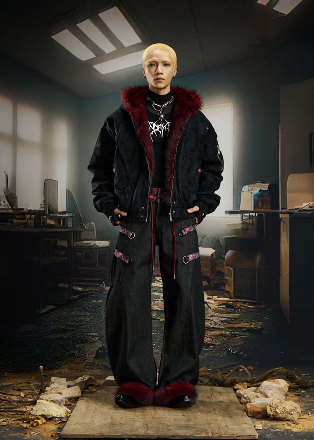 TALKLESSFASHION Heavy fourth-generation mountain carving cotton suit men's red fur collar American retro PU lint jacket plush thickened warm jacket