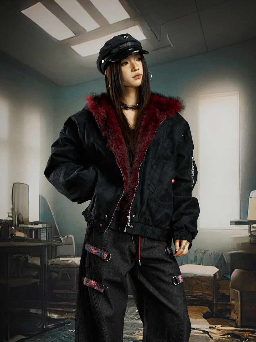 THETLSTUDIO Heavy fourth-generation mountain carving cotton suit men's red fur collar American retro PU lint jacket plush thickened warm jacket