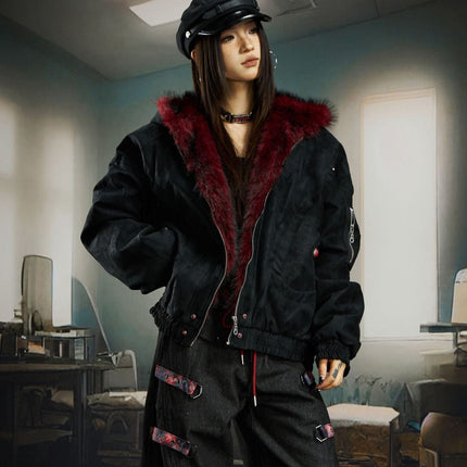 TALKLESSFASHION Heavy fourth-generation mountain carving cotton suit men's red fur collar American retro PU lint jacket plush thickened warm jacket