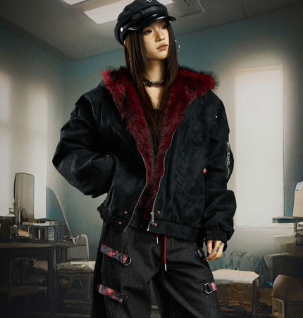 THETLSTUDIO Heavy fourth-generation mountain carving cotton suit men's red fur collar American retro PU lint jacket plush thickened warm jacket